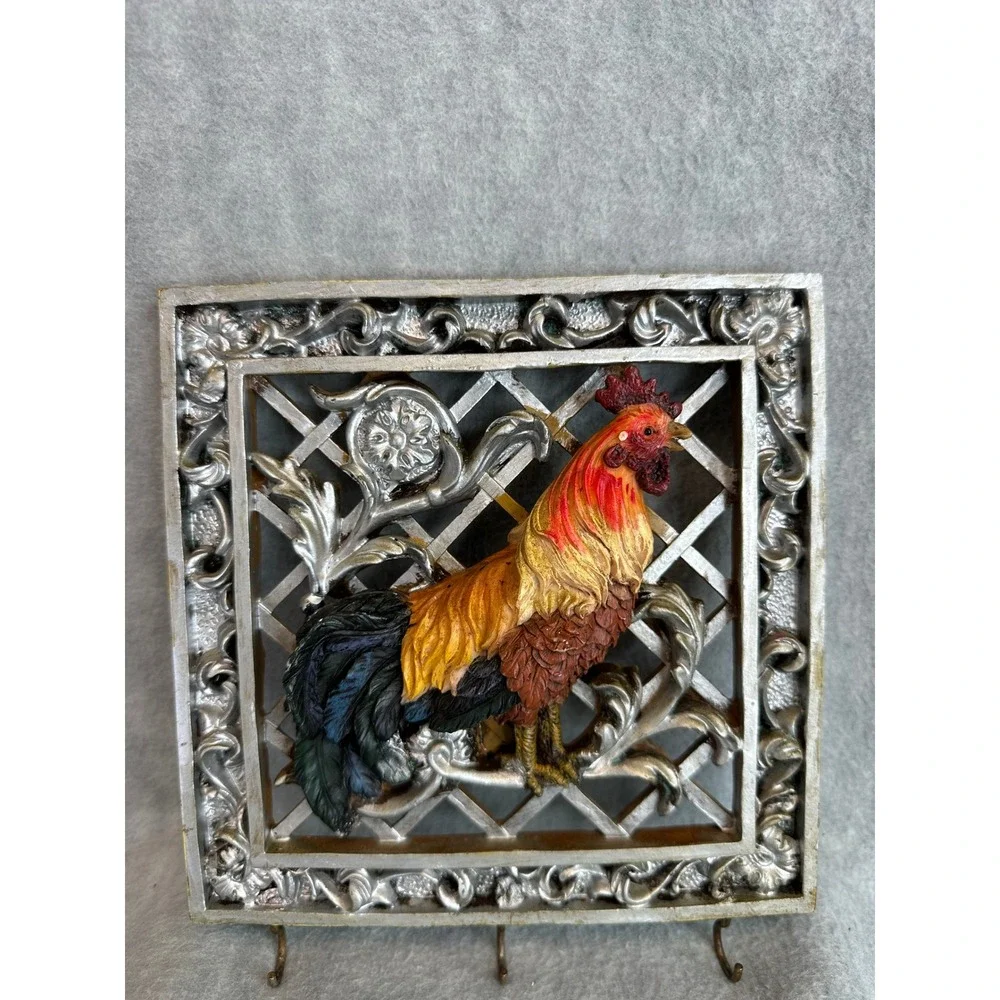 Vintage Rooster 3D Wall Art Key Holder Rack Frame Plaque Rustic Farmhouse Decor‎